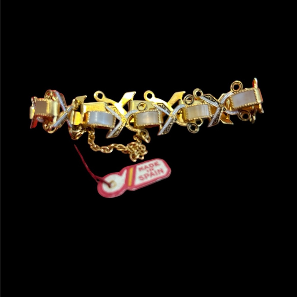 VINTAGE- Damascene Toledo Scissors-Link Bracelet Moonglow Lucite